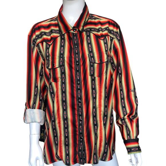 Panhandle Slim Western Shirt Red & Black Striped Aztec & Floral Patterns Size XL - Picture 1 of 10